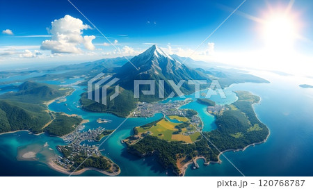 3d rendering of a mountain lake with some clouds and blue sky 120768787