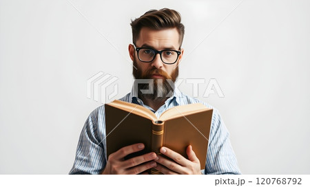 handsome man in glasses reading a book 120768792
