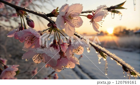 Cherry blossoms and snow  120769161