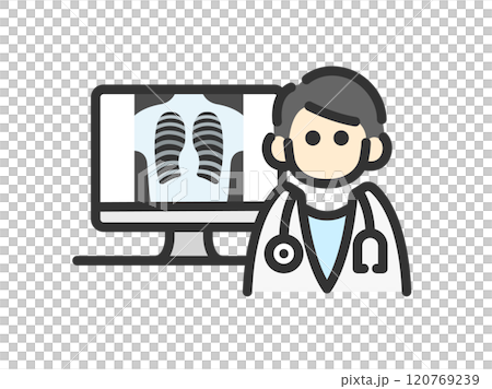 Illustration of a male doctor's icon (line drawing color) showing an x-ray Illustration of a male doctor's icon (line drawing color) showing an x-ray 120769239