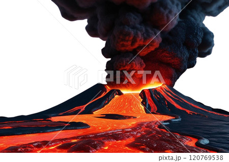 Volcano eruption with lava isolated on transparent or white background, png  120769538