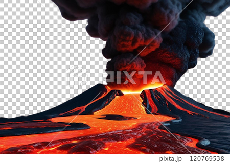 Volcano eruption with lava isolated on transparent or white background, png  120769538