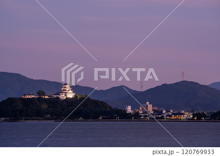 佐賀県唐津市　海から見るライトアップされた秋の唐津城の夜景 120769933