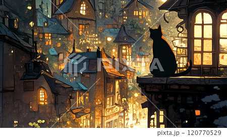 夜の街を眺める黒猫の水彩イラストのイラスト素材 [120770529] - PIXTA