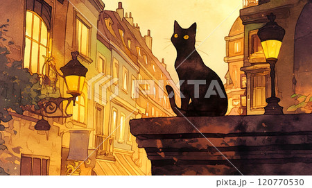 ノスタルジックな街角に佇む黒猫の水彩イラストのイラスト素材
