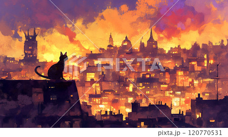 夕暮れの街を眺める黒猫の水彩イラスト 夕暮れの街を眺める黒猫の水彩イラスト 120770531