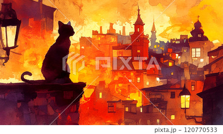 夕暮れの街を眺める黒猫の水彩イラストのイラスト素材 [120770533] - PIXTA