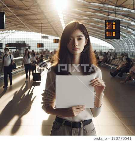 Happy attractive asian woman traveler at the modern airport terminal, copy space, Tourist journey trip concept with Generative AI. 120770541