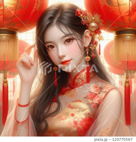 Elegance in Tradition, Chinese Cultural Attire,young girl with Cheongsam with Generative AI. 120770567