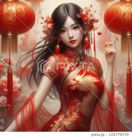 Elegance in Tradition, Chinese Cultural Attire,young girl with Cheongsam with Generative AI. 120770570