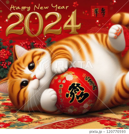 A Playful Kitten Celebrating the Arrival of 2024 with Generative AI. 120770593