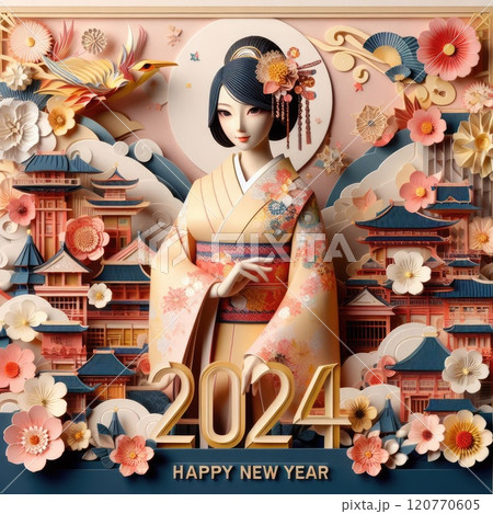 A Graceful Blend of Traditional Japanese Culture and Art with Japanese kimono woman with Generative AI. 120770605