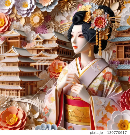 A Graceful Blend of Traditional Japanese Culture and Art with Japanese kimono woman with Generative AI. 120770617