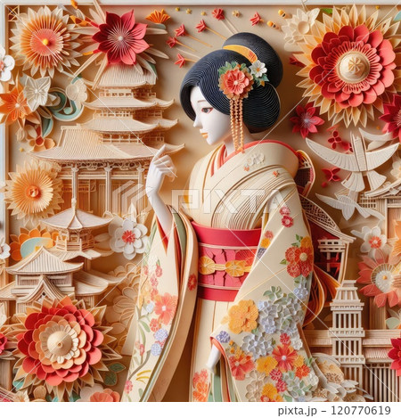 A Graceful Blend of Traditional Japanese Culture and Art with Japanese kimono woman with Generative AI. 120770619