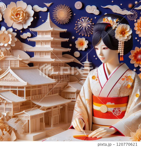 A Graceful Blend of Traditional Japanese Culture and Art with Japanese kimono woman with Generative AI. 120770621