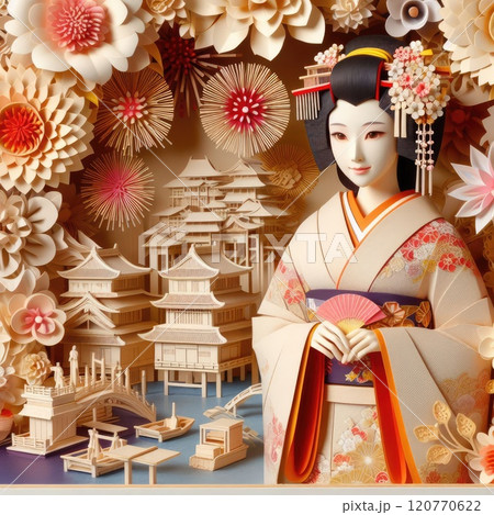 A Graceful Blend of Traditional Japanese Culture and Art with Japanese kimono woman with Generative AI. 120770622