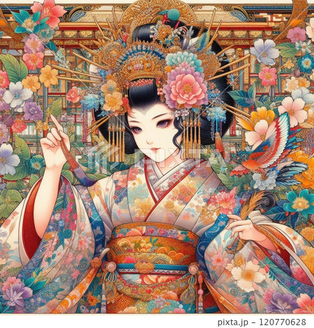 Japanese woman dancing elegant Figure Amidst a Floral Fantasy with Generative AI. 120770628