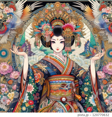 Japanese woman dancing elegant Figure Amidst a Floral Fantasy with Generative AI. 120770632