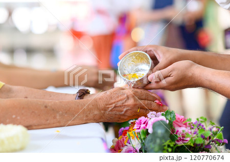 Thai New Year celebration, Rot Nam Dam Hua, traditional celebration of elders. Songkran ceremony. 120770674