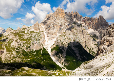 Untrodden places near peaks in Dolomites. Bright sunny day in high mountains. 120770693