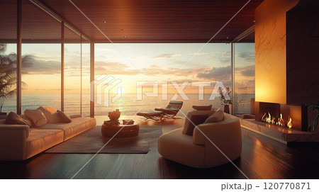 「海に沈む夕陽を望む高級リビングルーム - 高解像度で描かれたリゾートライフの贅沢なひととき 120770871