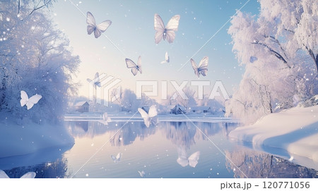 雪景色と舞う蝶たちの幻想的な風景 - 高解像度で描かれる冬のファンタジー 120771056