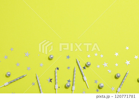 Concept of party decor and confetti, balloons and candles. Concept of party decor and confetti, balloons and candles. 120771781