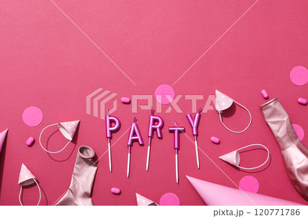 Concept of party decor and confetti, balloons and candles. Concept of party decor and confetti, balloons and candles. 120771786