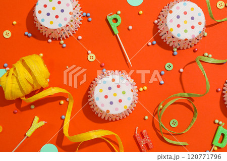 Concept of party decor and confetti, balloons and candles. 120771796