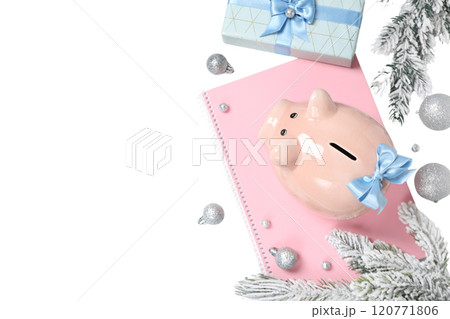 PNG, Christmas piggy bank, with festive decorations and gifts, isolated on white background. PNG, Christmas piggy bank, with festive decorations and gifts, isolated on white background. 120771806
