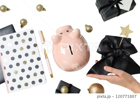 PNG, Christmas piggy bank, with festive decorations and gifts, isolated on white background. PNG, Christmas piggy bank, with festive decorations and gifts, isolated on white background. 120771807