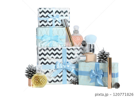 PNG, Christmas cosmetics, decorative cosmetics with gifts, isolated on white background. 120771826