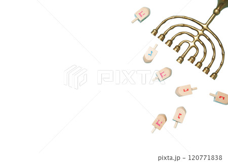 Happy Hanukkah, golden Jewish candlestick Hanukkiah and wooden dreidels with place for text, created with Generative AI technology, PNG 120771838