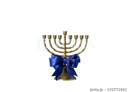 Happy Hanukkah, golden Jewish Hanukkiah candlestick with blue bow, created with Generative AI technology, PNG Happy Hanukkah, golden Jewish Hanukkiah candlestick with blue bow, created with Generative AI technology, PNG 120771842