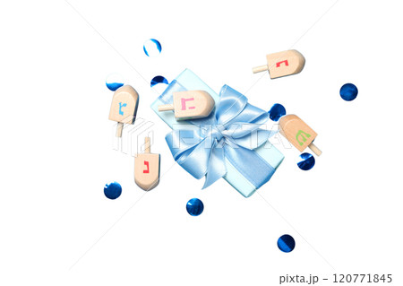 Happy Hanukkah, gift box and wooden dreidels top view, created with Generative AI technology, PNG Happy Hanukkah, gift box and wooden dreidels top view, created with Generative AI technology, PNG 120771845