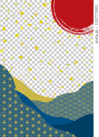 Japanese-style banner with gold leaf and Japanese patterns, New Year's card background / vertical, navy blue 120771881