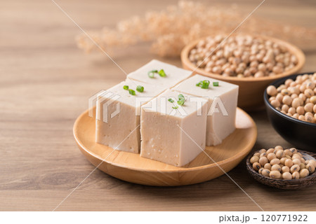 Fresh tofu with soy bean seeds, Vegan food ingredient in Asian cuisine, Plant based diet 120771922
