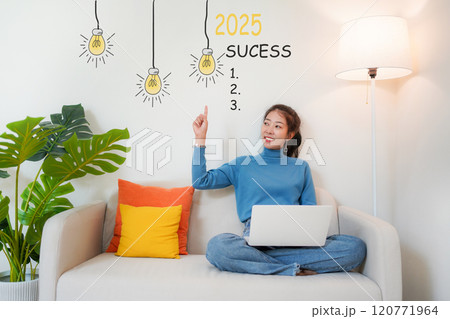2025 SUCESS with young woman pointing cheerful and happy new year with laptop on the sofa in living room.  120771964