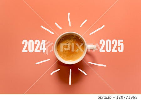Happy new year and Merry Christmas 2025. Cup of coffee change and download 2024 to 2025 120771965