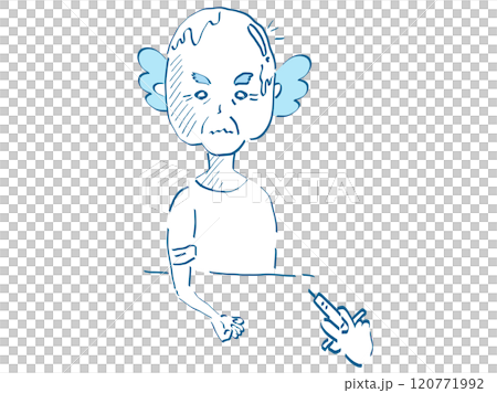 Anxiety over blood sampling - Hand-drawn vector illustration of an old man feeling scared 120771992