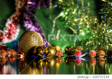 Christmas Retro Card border design.Christmas tree decorated with toys. 120772130
