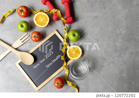 New Year for New Changes Healthy 2025.  Fresh vegetable fruits and healthy food  120772202