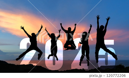 Silhouette happy business teamwork jumping congratulation and celebrate in Happy New year 2025 Silhouette happy business teamwork jumping congratulation and celebrate in Happy New year 2025 120772206