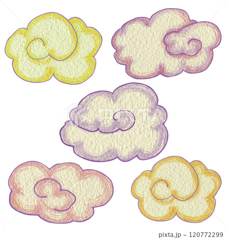 Set of five colorful cartoon clouds on white background. Clip art can be used for children's book illustrations, weather-themed designs, or as a decorative element for websites, blogs, or social media Set of five colorful cartoon clouds on white background. Clip art can be used for children's book illustrations, weather-themed designs, or as a decorative element for websites, blogs, or social media 120772299