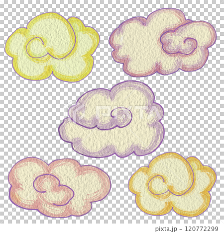 Set of five colorful cartoon clouds on white background. Clip art can be used for children's book illustrations, weather-themed designs, or as a decorative element for websites, blogs, or social media Set of five colorful cartoon clouds on white background. Clip art can be used for children's book illustrations, weather-themed designs, or as a decorative element for websites, blogs, or social media 120772299