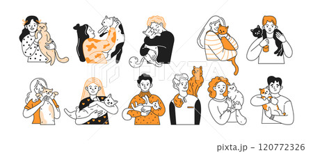 Happy people hug pets flat color linear icons collection 120772326
