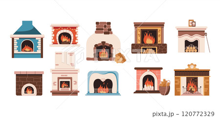 Fireplaces emitting coziness for winter vector objects 120772329