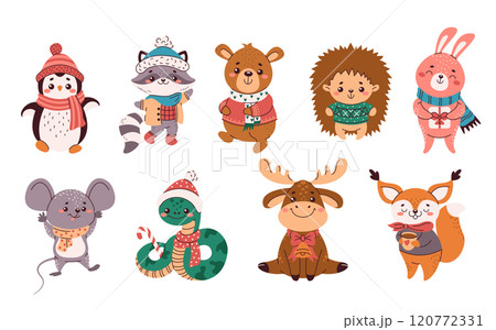 Cute animals in winter outfits flat color vector objects set Cute animals in winter outfits flat color vector objects set 120772331
