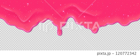 Realistic 3D dripping glossy pink slime with glitter isolated on a transparent background. Realistic 3D dripping glossy pink slime with glitter isolated on a transparent background. 120772342