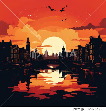 the AI Image Generator, Urban Sunset with Reflective Water and Silhouetted Skyline the AI Image Generator, Urban Sunset with Reflective Water and Silhouetted Skyline 120772360